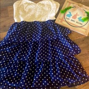 Jodi Kristopher Blue & White Polka Dot strapless dress- 5